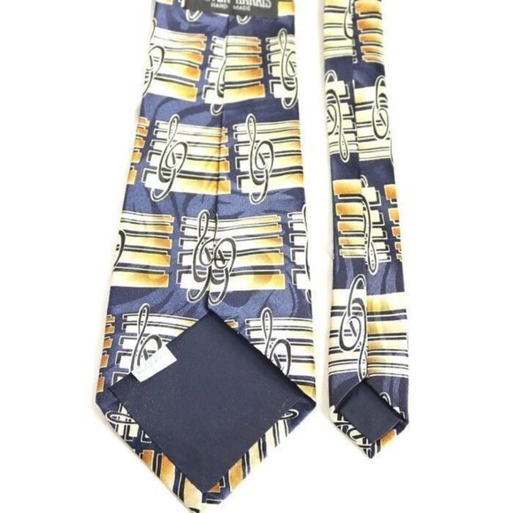 Steven Harris Tie Necktie Music Musical Notes Band Blue Tan Gold Hand Made - Picture 6 of 10